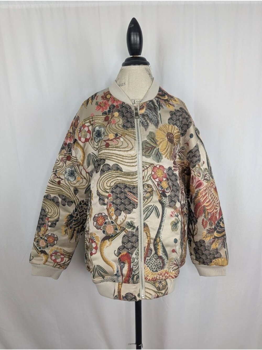 Embroidered Bomber Jacket Medium Cream Crane Asian